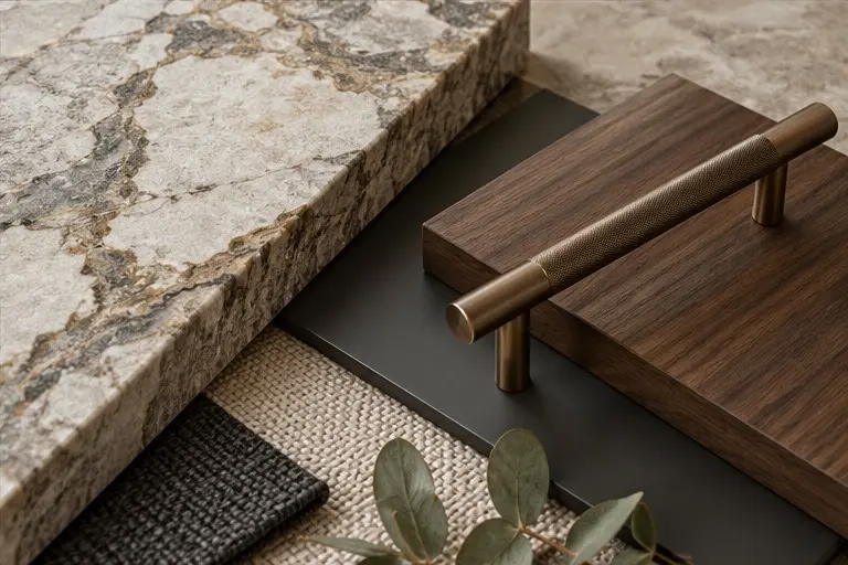 Stone, walnut and bronze hardware material study for the forthcoming ARRA collection — concept imagery