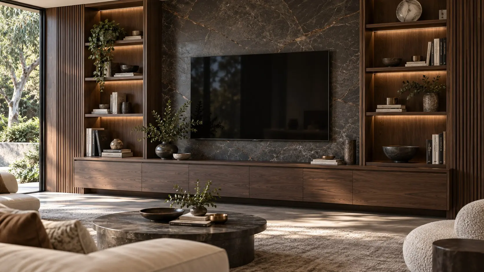 TV entertainment unit with walnut storage, built-in bookshelves and architectural wall panelling — concept imagery
