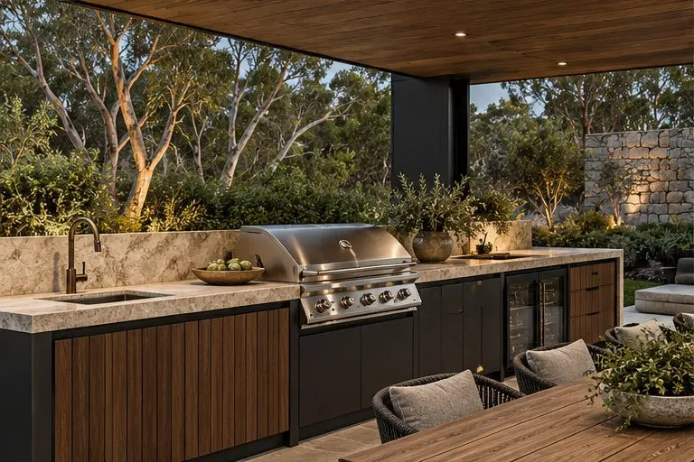 Covered alfresco kitchen with a built-in barbecue, sink and outdoor cabinetry — concept imagery