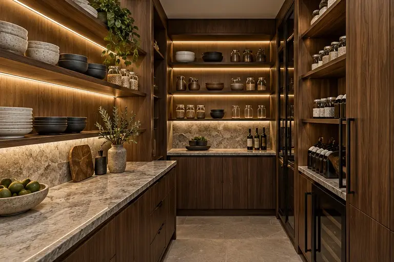 Walk-in pantry with open food storage shelves, preparation benchtops and timber cabinetry — concept imagery