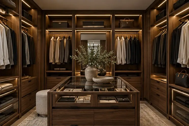 Walk-in dressing room with hanging rails, illuminated shelves, drawers and an accessory island — concept imagery