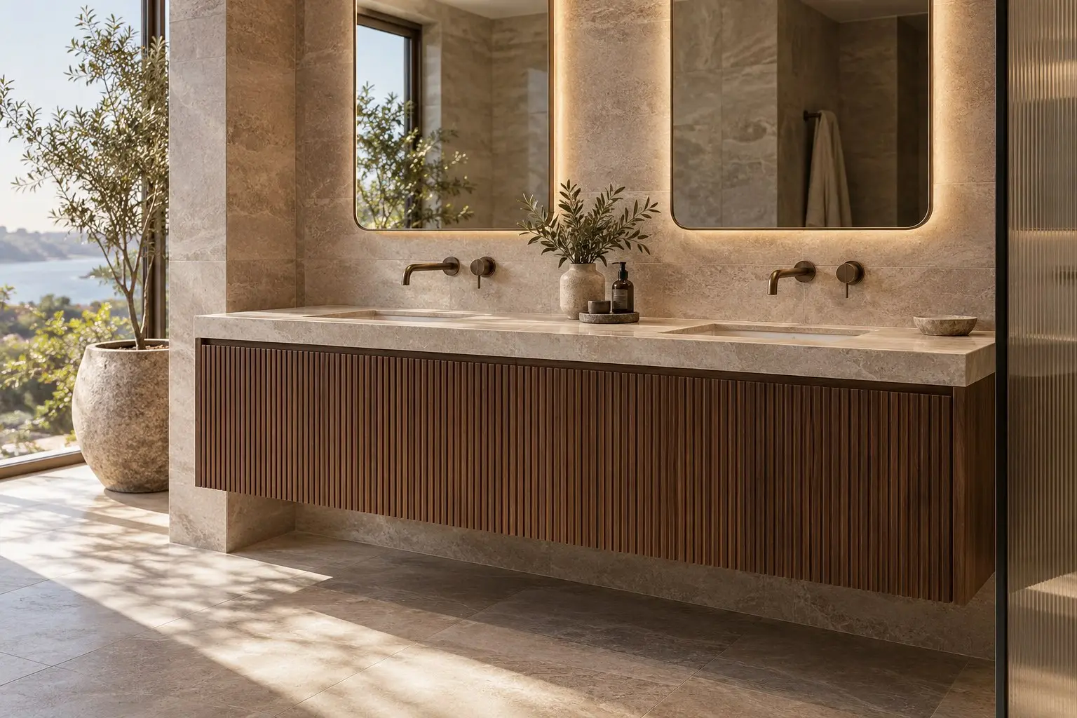 Floating walnut bathroom vanity with drawer storage, stone benchtop and double basins — concept imagery